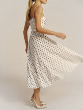 Summer Midi Dress White Straps Neck Pleated Polka Dot Beach Dress